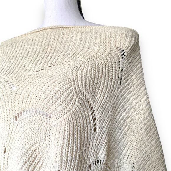 Y2k Slouchy Off Shoulder Chenille Sweater Sz S/M Cream Scallop Hem Dolman Sleeve - Picture 3 of 12